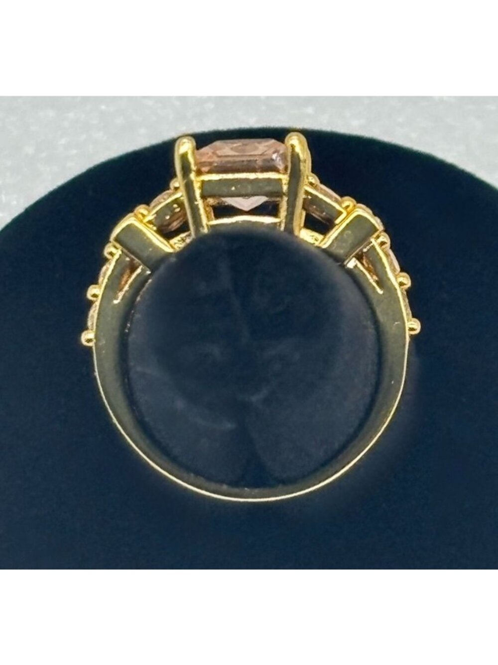Emerald Cut Morganite and Cubic Zirconia Ring Vermeil Marked "S925", Size 8 or 9 - Picture 5 of 8